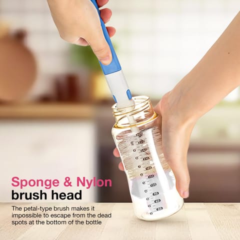 BAYBEE 4 in 1 Nylon Bristles Baby Feeding Bottles & Nipple Cleaning Brush Easy Grip 360° Rotating Long Handle for Easy to Clean Bottle Neck & Corners for All Mugs & Cups (Blue)
