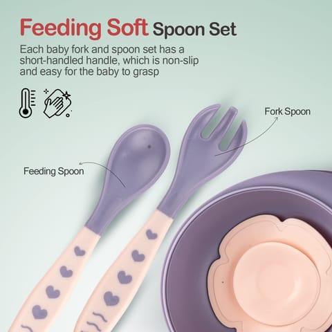 Baybee Baby Feeding Bowl with Lid, Spoon & Fork Set, for Baby Feeding, Baby Tableware Set Soft First Stage Feeding Baby Bowls Spoon Set | Baby Bowl & Spoon Set for Baby Kids (Dark Pink)