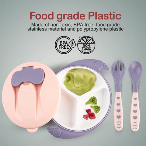 Baybee Baby Feeding Bowl with Lid, Spoon & Fork Set, for Baby Feeding, Baby Tableware Set Soft First Stage Feeding Baby Bowls Spoon Set | Baby Bowl & Spoon Set for Baby Kids (Dark Pink)