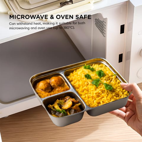 BAYBEE Bentozo Kids Lunch Box 900ml Stainless Steel Lunch Box for School, College & Office | Leak Proof Tiffin Box for Kids, Men & Women | Hot Food Container 3 Partition Box with Spoon & Fork (Brown)