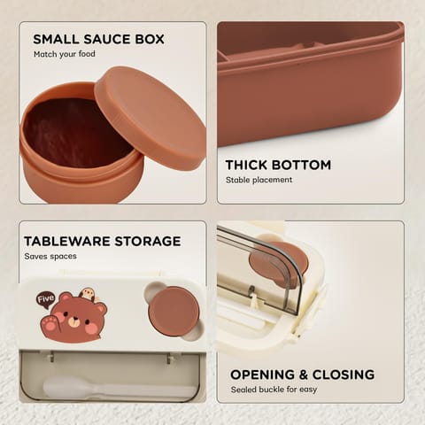 BAYBEE Bentozo Kids Lunch Box 900ml Stainless Steel Lunch Box for School, College & Office | Leak Proof Tiffin Box for Kids, Men & Women | Hot Food Container 3 Partition Box with Spoon & Fork (Brown)