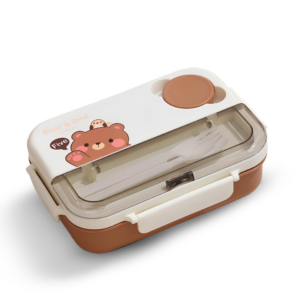 BAYBEE Bentozo Kids Lunch Box 900ml Stainless Steel Lunch Box for School, College & Office | Leak Proof Tiffin Box for Kids, Men & Women | Hot Food Container 3 Partition Box with Spoon & Fork (Brown)