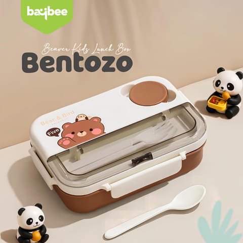 BAYBEE Bentozo Kids Lunch Box 900ml Stainless Steel Lunch Box for School, College & Office | Leak Proof Tiffin Box for Kids, Men & Women | Hot Food Container 3 Partition Box with Spoon & Fork (Brown)