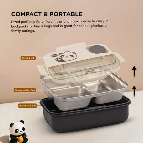BAYBEE Bentozo Kids Lunch Box 900ml Stainless Steel Lunch Box for School, College & Office | Leak Proof Tiffin Box for Kids, Men & Women | Hot Food Container 3 Partition Box with Spoon & Fork (Black)