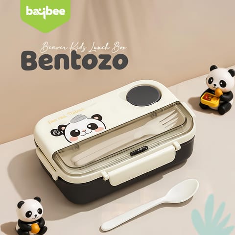 BAYBEE Bentozo Kids Lunch Box 900ml Stainless Steel Lunch Box for School, College & Office | Leak Proof Tiffin Box for Kids, Men & Women | Hot Food Container 3 Partition Box with Spoon & Fork (Black)