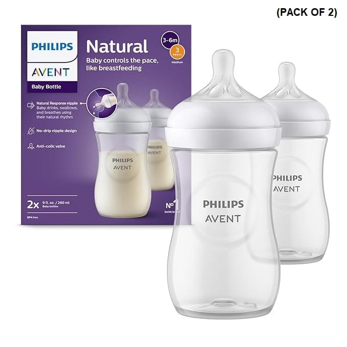 Philips Avent Natural Response Baby Feeding Bottle - 260ml Baby Milk Bottle Pack of 2, BPA Free for Babies 3-6 Month, (Model SCY903/02)