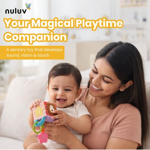 Nuluv Lion Activity Cube Rattle Ring for Baby Toy, Teether, Mirror and Crinkle Textures, Soft Sensory Development Stroller Toy, Colorful Interactive Baby Toy, for Babies 3+ Months