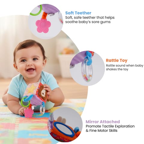Nuluv Lion Activity Cube Rattle Ring for Baby Toy, Teether, Mirror and Crinkle Textures, Soft Sensory Development Stroller Toy, Colorful Interactive Baby Toy, for Babies 3+ Months