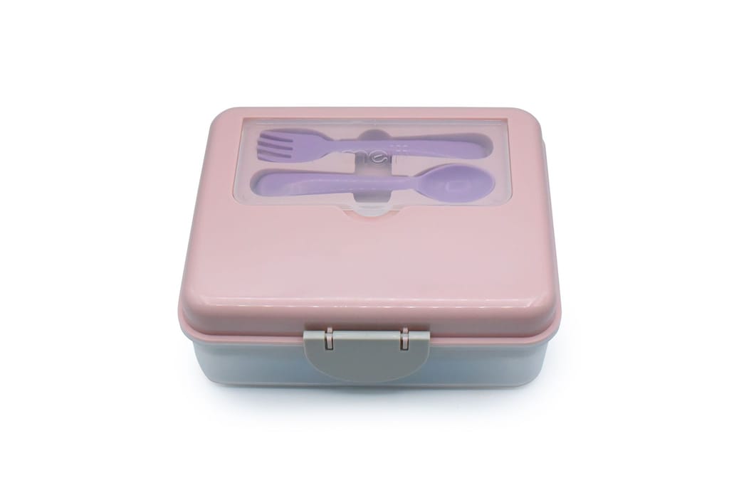 melii 2 Tier Bento 6 Compartment Lunch Box with Spoon & Fork, Pink Purple Grey