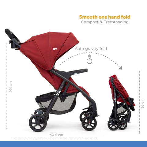 Joie Muze Lx One Hand Fold Stroller with Flat Reclining Seat (Birth to 15 Kg), Cranbery (Net Weight - 9.36 KG)