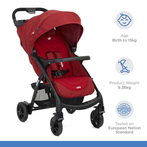 Joie Muze Lx One Hand Fold Stroller with Flat Reclining Seat (Birth to 15 Kg), Cranbery (Net Weight - 9.36 KG)