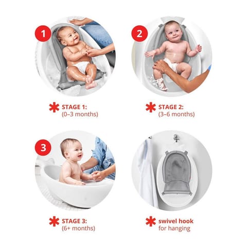 Skip Hop Bath Tub - Moby Smart Sling 3-Stage Tub, PVC-Free, Phthalate-Free, Non Slip Bath Tub for New Born with Drain Plug (Birth to 11Kg, White Color)