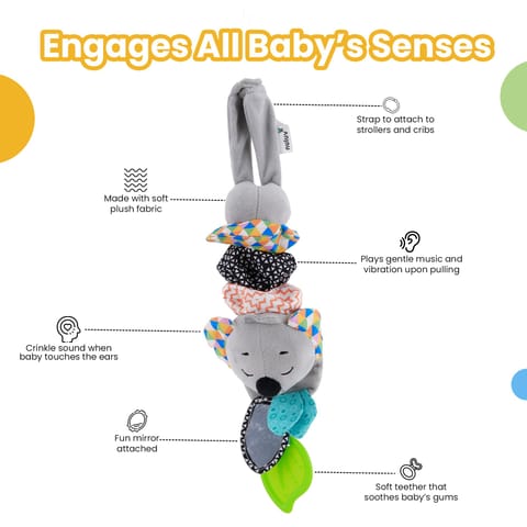 Nuluv Musical Koala Baby Stroller Toy, Soft Plush Sensory Jitter Toy with Music, Teether & Crinkle Ears, Calming Bedtime Companion, Soothing Sound & Vibration, for Babies Aged 3+ Months