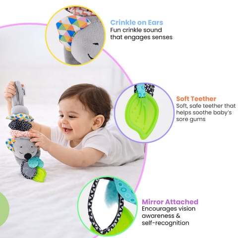 Nuluv Musical Koala Baby Stroller Toy, Soft Plush Sensory Jitter Toy with Music, Teether & Crinkle Ears, Calming Bedtime Companion, Soothing Sound & Vibration, for Babies Aged 3+ Months
