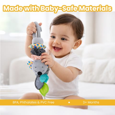 Nuluv Musical Koala Baby Stroller Toy, Soft Plush Sensory Jitter Toy with Music, Teether & Crinkle Ears, Calming Bedtime Companion, Soothing Sound & Vibration, for Babies Aged 3+ Months