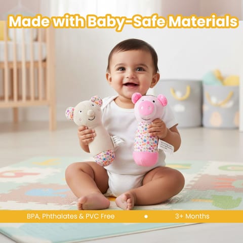 Nuluv Sensory Cuddlies for Babies, Soft Plush Toys with Rattle, Squeaker and Crinkle Sounds, Lightweight Non-Toxic, BPA-Free, Travel-Friendly, Baby Development Toys for 3+ Months