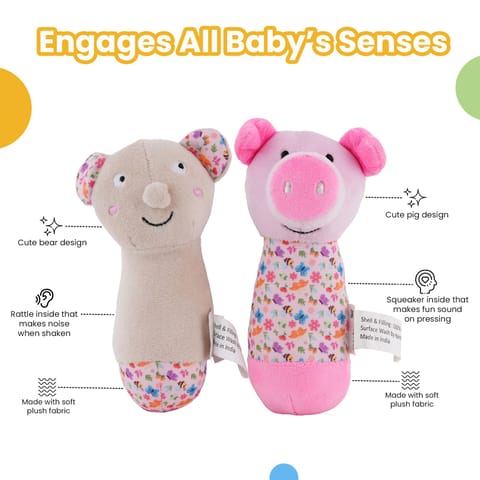 Nuluv Sensory Cuddlies for Babies, Soft Plush Toys with Rattle, Squeaker and Crinkle Sounds, Lightweight Non-Toxic, BPA-Free, Travel-Friendly, Baby Development Toys for 3+ Months