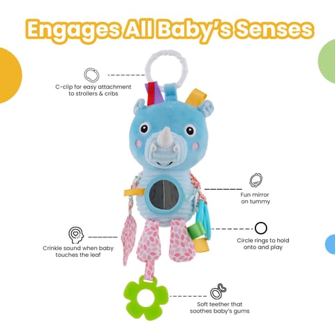 Nuluv Activity Rhino Baby Toy, Plush Sensory Stroller Toy with Teether, Crinkle Leaf & Mirror, Infant Development, Soft & Safe for Teething, 3+ Months