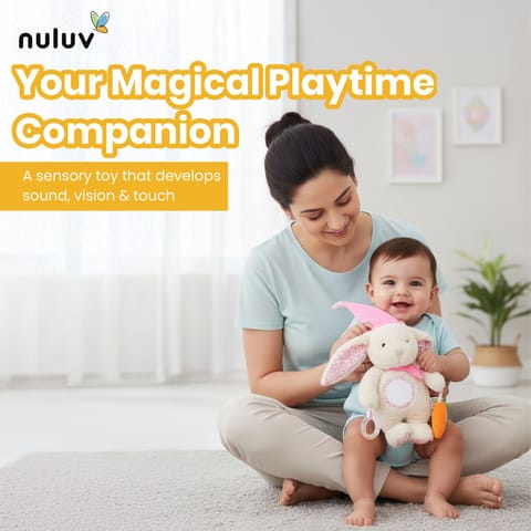 Nuluv Soft Bunny Ring Rattle Toy for Baby with Mirror & Crinkle, Early Development Sensory Toy