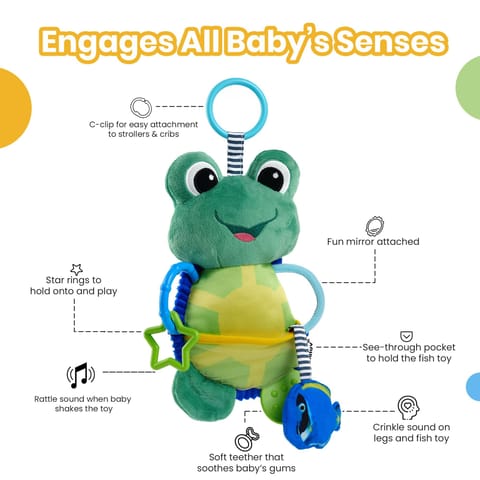 Nuluv Activity Toad Baby Toy, Crinkle Fish, Baby-Safe Mirror, Teethers and Sensory, Stroller Toy for Babies, Lightweight and Interactive Soft Toy, for Babies 3+ Months