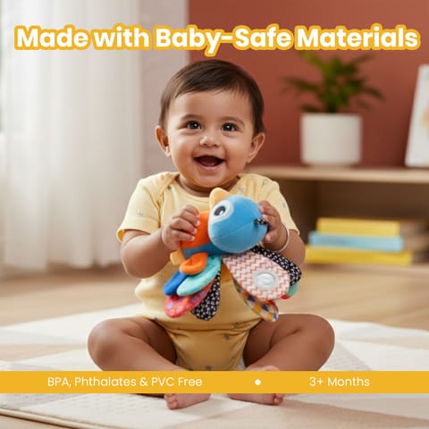 Activity Peacock Soft Stroller Toy for Babies, Crinkle Sound, Rattle and Teether, Sensory Development Toy, Baby-Safe Activity Toy for Touch, Hearing and Teething, for Babies 3+ Months