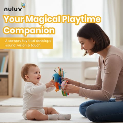 Activity Peacock Soft Stroller Toy for Babies, Crinkle Sound, Rattle and Teether, Sensory Development Toy, Baby-Safe Activity Toy for Touch, Hearing and Teething, for Babies 3+ Months