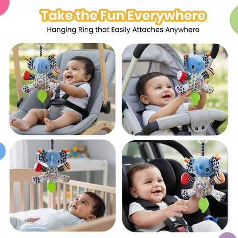 Nuluv Activity Elephant Soft Stroller Toy for Babies, Crinkle Sound, Rattle and Teether, Sensory Development Toy, Baby-Safe Activity Toy for Touch, Hearing and Teething, for Babies 3+ Months