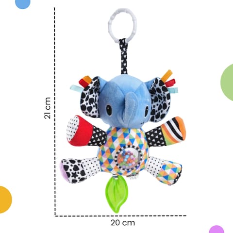 Nuluv Activity Elephant Soft Stroller Toy for Babies, Crinkle Sound, Rattle and Teether, Sensory Development Toy, Baby-Safe Activity Toy for Touch, Hearing and Teething, for Babies 3+ Months