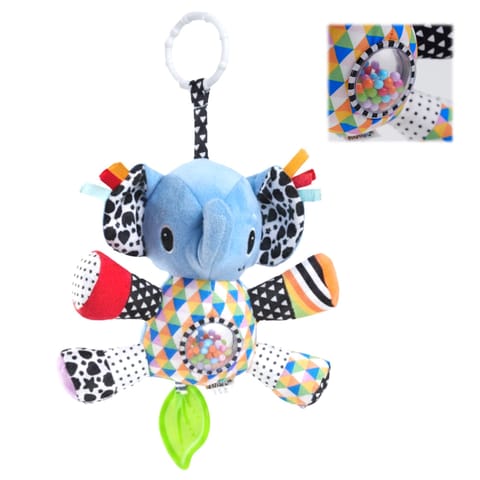 Nuluv Activity Elephant Soft Stroller Toy for Babies, Crinkle Sound, Rattle and Teether, Sensory Development Toy, Baby-Safe Activity Toy for Touch, Hearing and Teething, for Babies 3+ Months