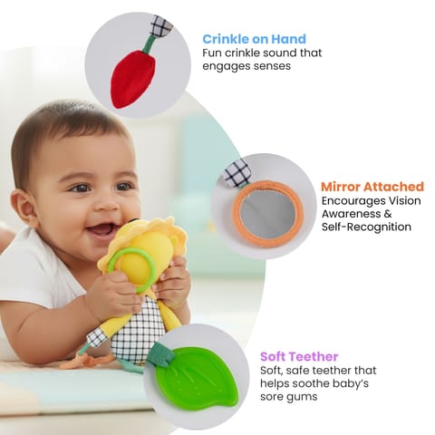 Nuluv Lino Rattle Buddy, Soft Plush Sensory Toy with Rattle, Crinkle Sound, Teether and Baby-Safe Mirror, Lightweight and Easy to Hold, for Babies 3+ Months
