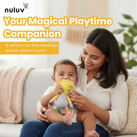 Nuluv Lino Rattle Buddy, Soft Plush Sensory Toy with Rattle, Crinkle Sound, Teether and Baby-Safe Mirror, Lightweight and Easy to Hold, for Babies 3+ Months