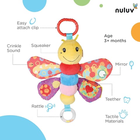 Nuluv Butterfly Plush Toy Hanging Rattle, Stroller Toy with Squeaky Crinkle Sound Rattle & Teether for Baby 3 Months+,Multicolor