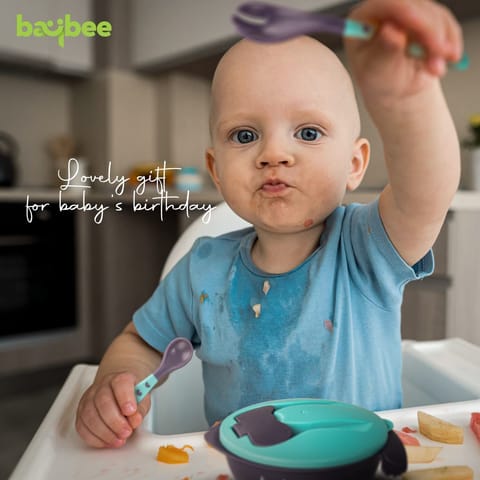 Baybee Baby Feeding Bowl with Lid, Spoon & Fork Set, for Baby Feeding, Baby Tableware Set Soft First Stage Feeding Baby Bowls Spoon Set | Baby Bowl & Spoon Set for Baby Kids (BLUE)
