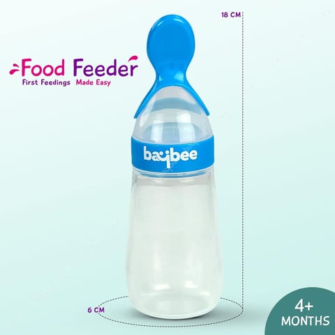 Baybee Silicone Food Feeder, Anti-Colic & BPA Free Squeeze Feeder Bottle with Spoon for Semi-Solid Food for Infants | Baby Squeeze Food Feeder for Baby 3+ Months (Blue)