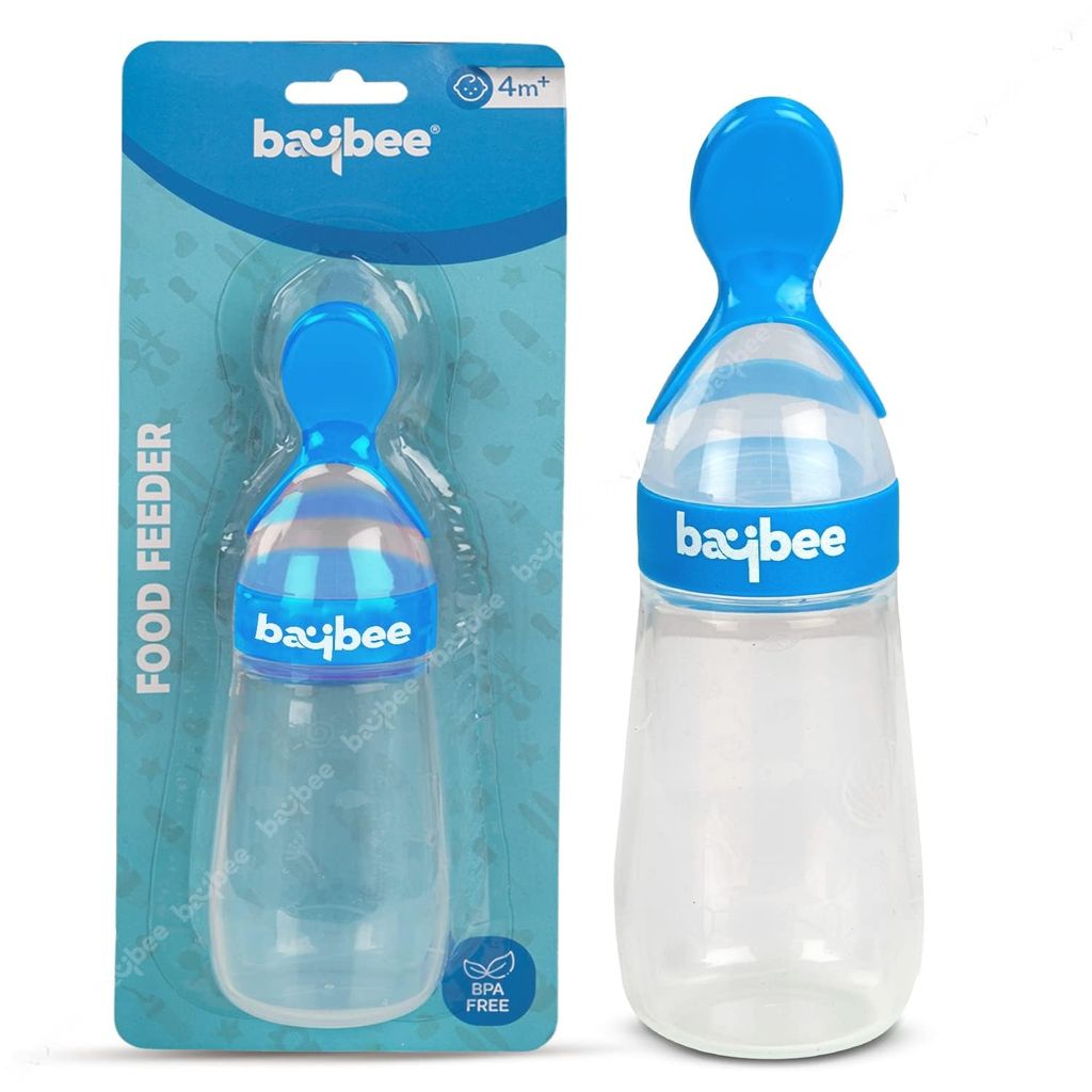 Baybee Silicone Food Feeder, Anti-Colic & BPA Free Squeeze Feeder Bottle with Spoon for Semi-Solid Food for Infants | Baby Squeeze Food Feeder for Baby 3+ Months (Blue)
