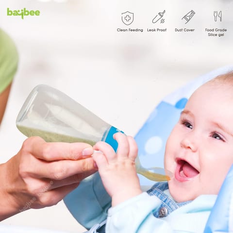 Baybee Silicone Food Feeder, Anti-Colic & BPA Free Squeeze Feeder Bottle with Spoon for Semi-Solid Food for Infants | Baby Squeeze Food Feeder for Baby 3+ Months (Blue)