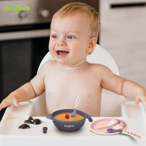 Baybee Baby Feeding Bowl with Lid, Spoon & Fork Set, for Baby Feeding, Baby Tableware Set Soft First Stage Feeding Baby Bowls Spoon Set | Baby Bowl & Spoon Set for Baby Kids (Dark Pink)