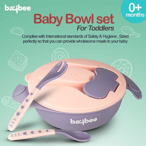 Baybee Baby Feeding Bowl with Lid, Spoon & Fork Set, for Baby Feeding, Baby Tableware Set Soft First Stage Feeding Baby Bowls Spoon Set | Baby Bowl & Spoon Set for Baby Kids (Dark Pink)