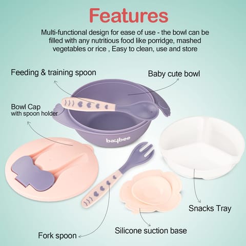 Baybee Baby Feeding Bowl with Lid, Spoon & Fork Set, for Baby Feeding, Baby Tableware Set Soft First Stage Feeding Baby Bowls Spoon Set | Baby Bowl & Spoon Set for Baby Kids (Dark Pink)