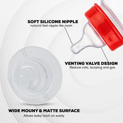 Baybee Natural Flow 150ml Milk Container for Newborn | BPA-Free, Leak-Proof, Anti-Colic, Wide Neck, Easy to Clean | Safe Baby Milk Dispenser for Infants 3+ Months | Baby Essentials (Red)