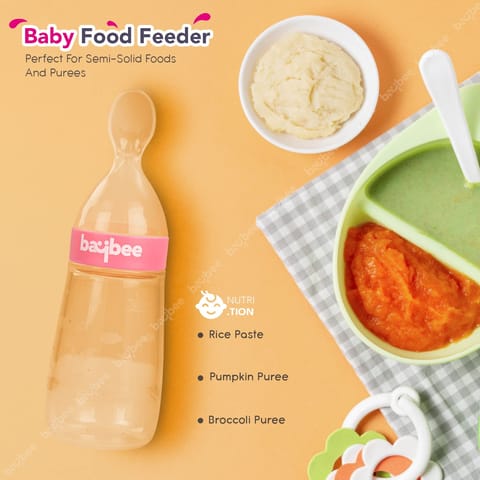 Baybee Silicone Food Feeder, Anti-Colic & BPA Free Squeeze Feeder Bottle with Spoon for Semi-Solid Food for Infants | Baby Squeeze Food Feeder for Baby 3+ Months (Pink)