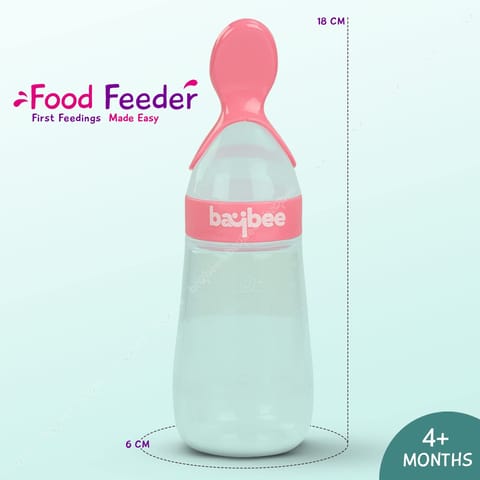 Baybee Silicone Food Feeder, Anti-Colic & BPA Free Squeeze Feeder Bottle with Spoon for Semi-Solid Food for Infants | Baby Squeeze Food Feeder for Baby 3+ Months (Pink)
