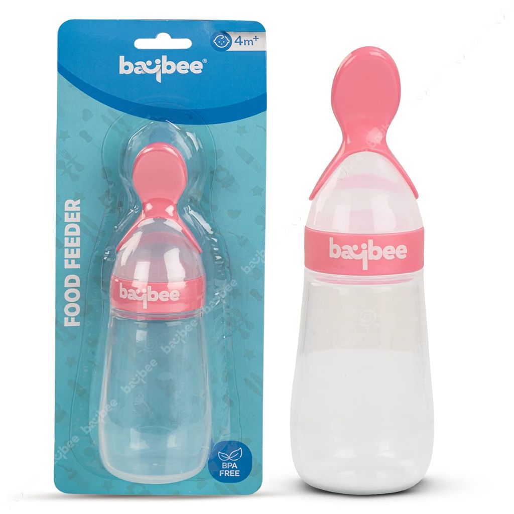 Baybee Silicone Food Feeder, Anti-Colic & BPA Free Squeeze Feeder Bottle with Spoon for Semi-Solid Food for Infants | Baby Squeeze Food Feeder for Baby 3+ Months (Pink)