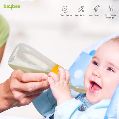 Baybee Silicone Food Feeder, Anti-Colic & BPA Free Squeeze Feeder Bottle with Spoon for Semi-Solid Food for Infants | Baby Squeeze Food Feeder for Baby 3+ Months (Yellow)