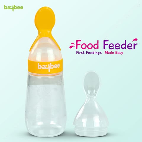 Baybee Silicone Food Feeder, Anti-Colic & BPA Free Squeeze Feeder Bottle with Spoon for Semi-Solid Food for Infants | Baby Squeeze Food Feeder for Baby 3+ Months (Yellow)