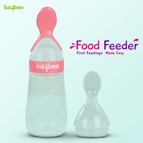 Baybee Silicone Food Feeder, Anti-Colic & BPA Free Squeeze Feeder Bottle with Spoon for Semi-Solid Food for Infants | Baby Squeeze Food Feeder for Baby 3+ Months (Pink)