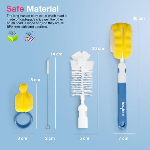 BAYBEE 4 in 1 Nylon Bristles Baby Feeding Bottles & Nipple Cleaning Brush Easy Grip 360° Rotating Long Handle for Easy to Clean Bottle Neck & Corners for All Mugs & Cups (Blue)