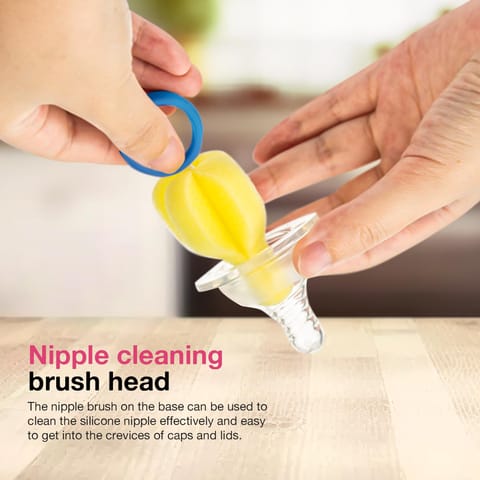 BAYBEE 4 in 1 Nylon Bristles Baby Feeding Bottles & Nipple Cleaning Brush Easy Grip 360° Rotating Long Handle for Easy to Clean Bottle Neck & Corners for All Mugs & Cups (Blue)