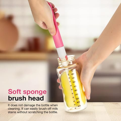 BAYBEE 4 in 1 Nylon Bristles Baby Feeding Bottles & Nipple Cleaning Brush Easy Grip 360° Rotating Long Handle for Easy to Clean Bottle Neck & Corners for All Mugs & Cups (Pink)
