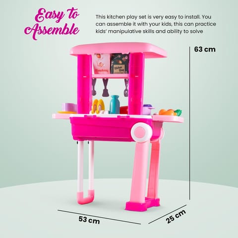 Baybee Pretend Play Kitchen Set for Kids, Little Chef Kids Big Cooking playset with Accessories Pots, Food Toys with Adorable Portable Trolley Light & Sound Birthday Gift for 1+ Years Kid (Pink)